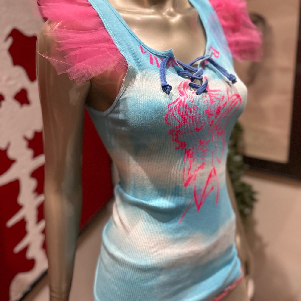 ⚡️BARBARELLA Queen of the Galaxy soft TieDye graffiti tulle lace-up keyhole t M